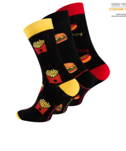 Fastfood sokker 3‑pak med hotdogs, burgere og pomfritter-motiver – Vincent Creation®